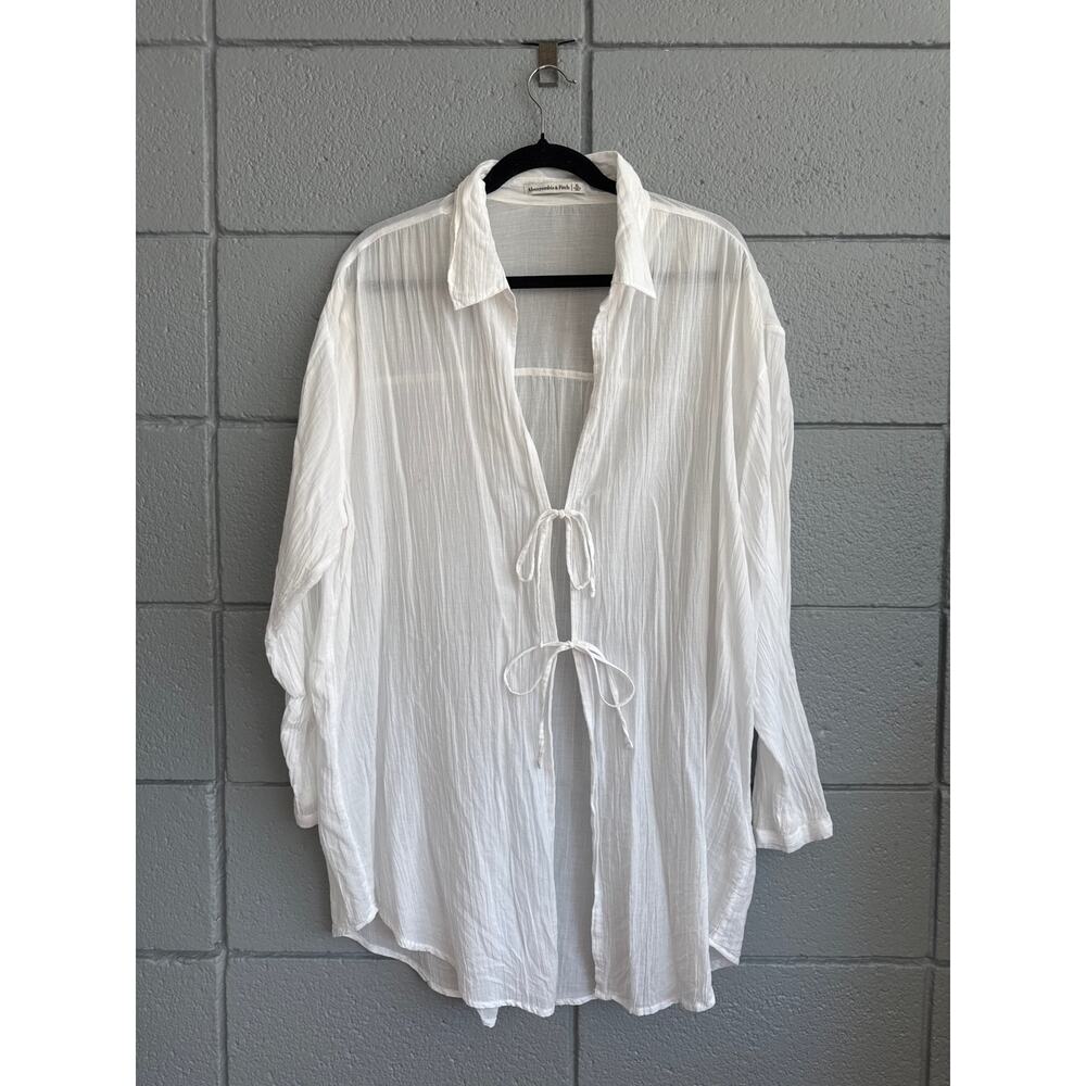 Abercrombie & Fitch Tie-Front Shirt Dress Coverup size XL in White - Picture 2 of 6